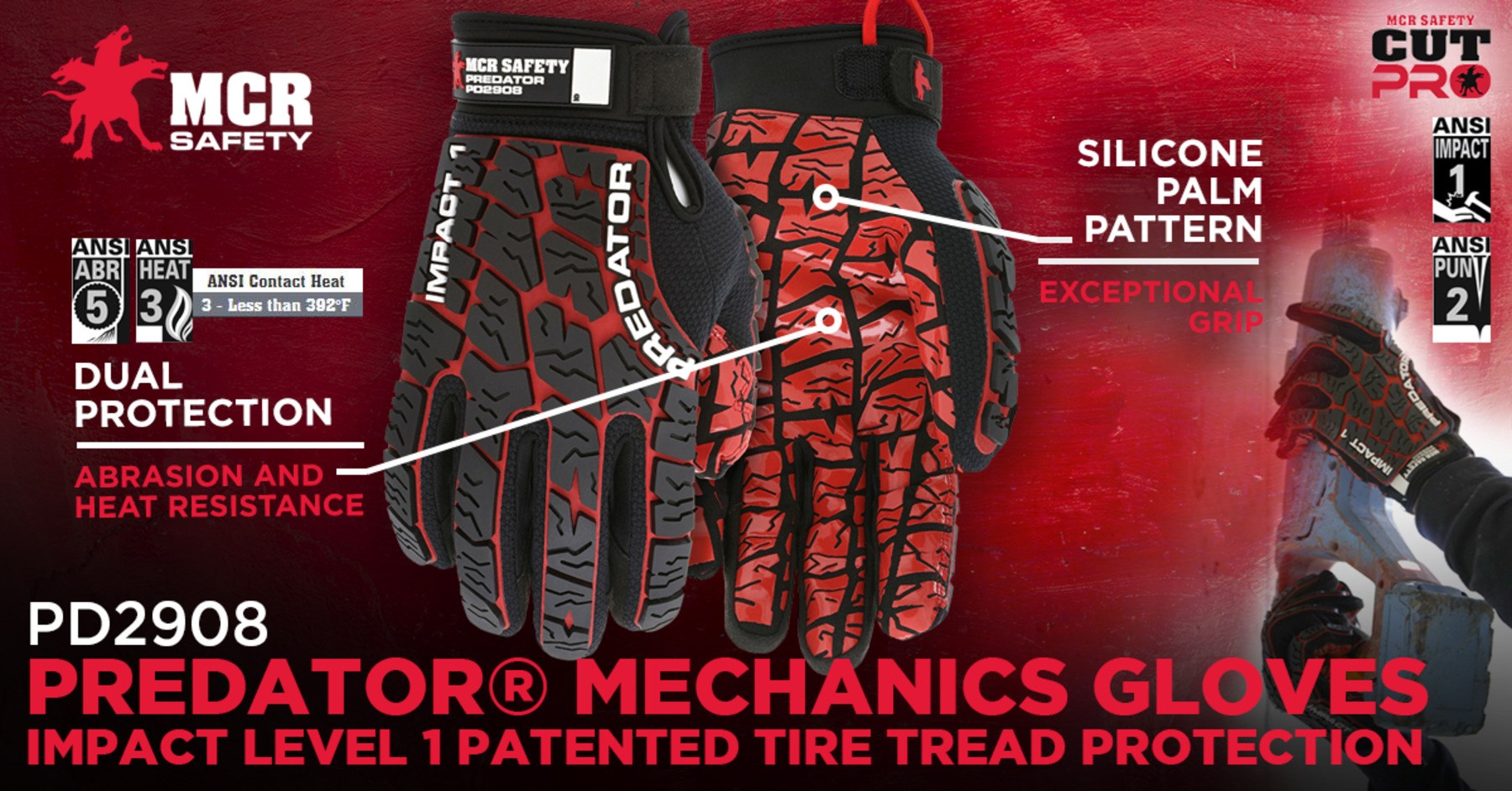MCR MCRPD2908 Predator® Mechanics Work Gloves, Impact Resistant Gloves, Silicone Tire Tread Grip, Synthetic Leather Palm, Patented Tire tread TPR Back of Hand Protection