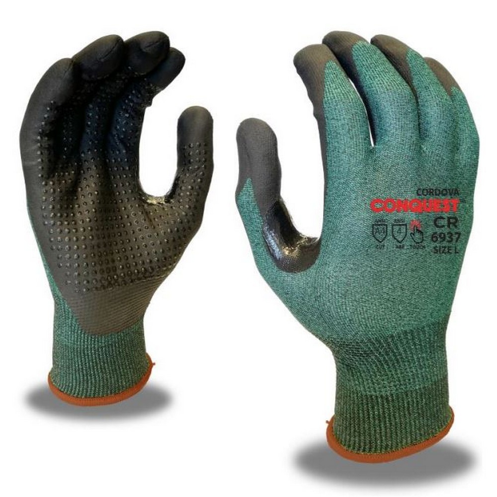 Cordova 6937 Conquest CR, Green, 18-Gauge, HPPG Shell, Black Microfoam Nitrile Coating With Nitrile Dots, Reinforced Thumb Crotch, Touchscreen Fingertips, ANSI Cut Level A4