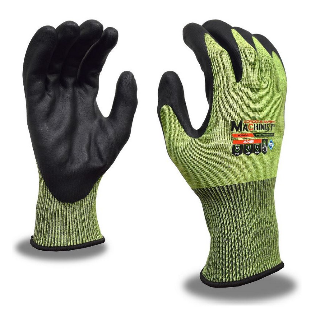 Cordova 3744 Machinist HPPG: 15-Gauge, Hi-Vis Green HPPG Fiber Shell, Black Foam Nitrile Palm Coating, Touchscreen Fingertips, Sanitized Treatment