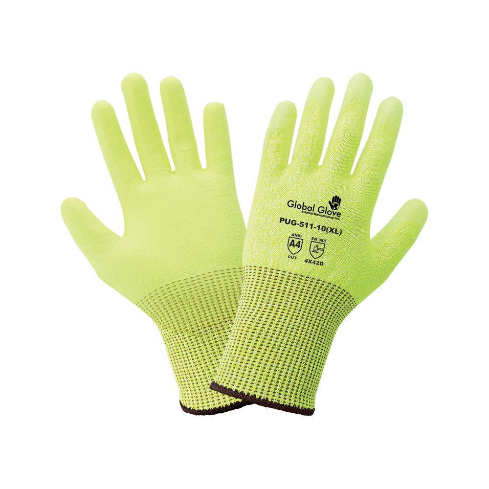 Global Glove PUG-511-XS Polyurethane Coated High-Visibility Cut, Abrasion, and Puncture Resistant Gloves