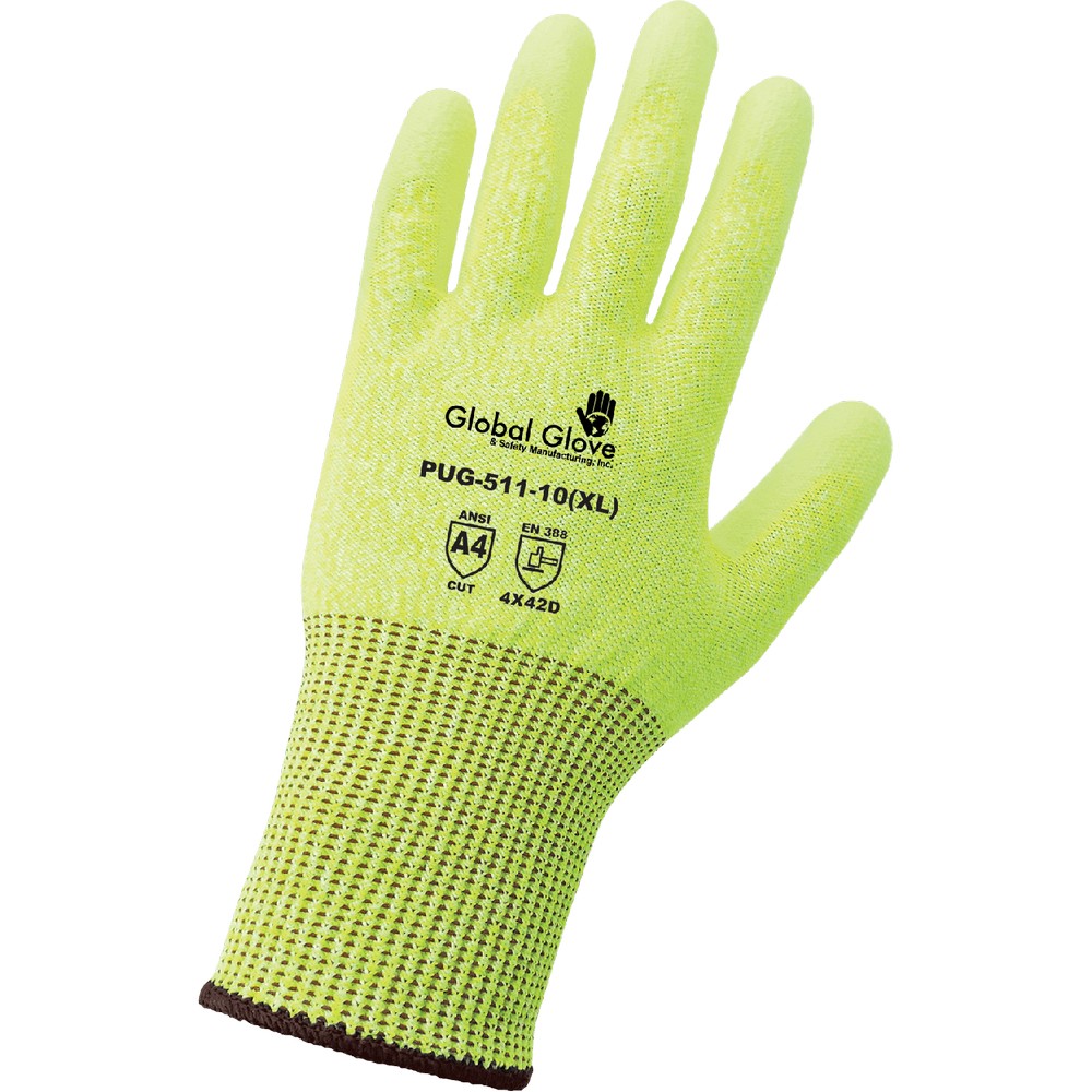 Global Glove PUG-511-XS Polyurethane Coated High-Visibility Cut, Abrasion, and Puncture Resistant Gloves
