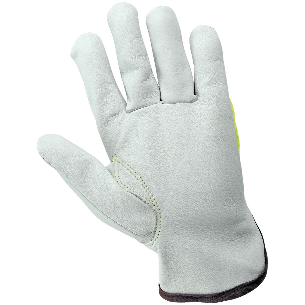 Global Glove 3100GHV-M High-Visibility Mesh Back Premium Goatskin Leather Palm Drivers Style Gloves