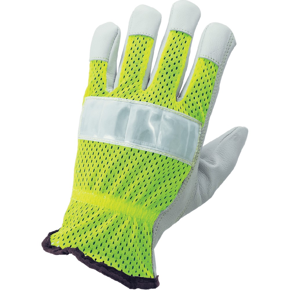 Global Glove 3100GHV-M High-Visibility Mesh Back Premium Goatskin Leather Palm Drivers Style Gloves
