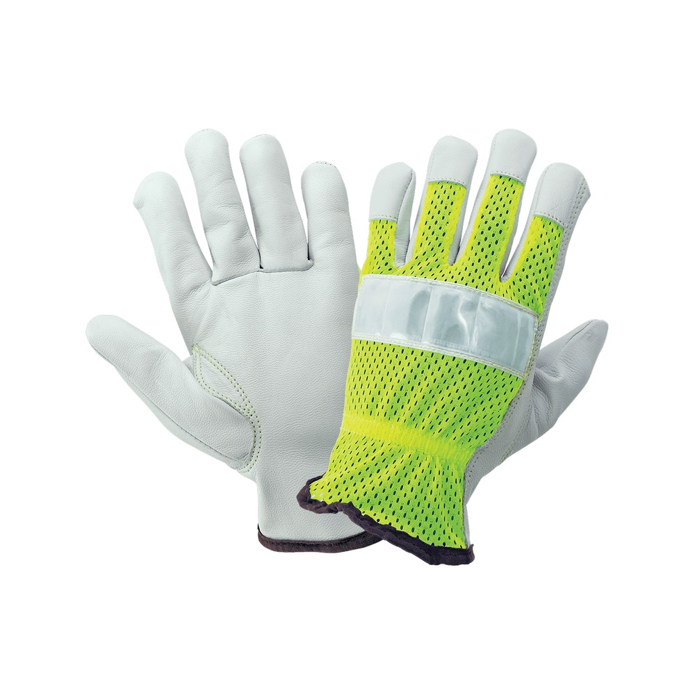 Global Glove 3100GHV-M High-Visibility Mesh Back Premium Goatskin Leather Palm Drivers Style Gloves