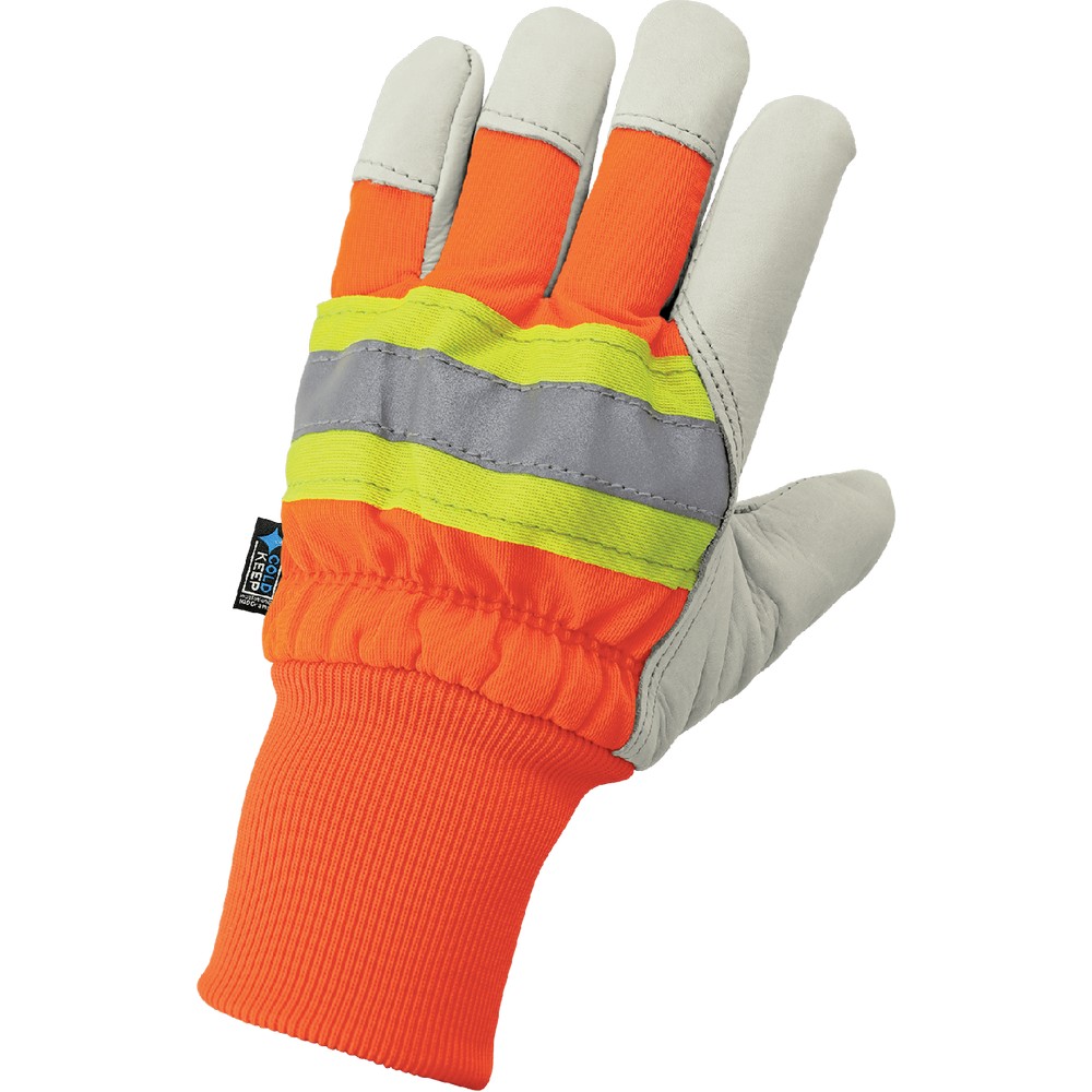 Global Glove 2950HVKW-S High-Visibility Standard-Grade Cowhide Leather Insulated Gloves with Knit Wrist
