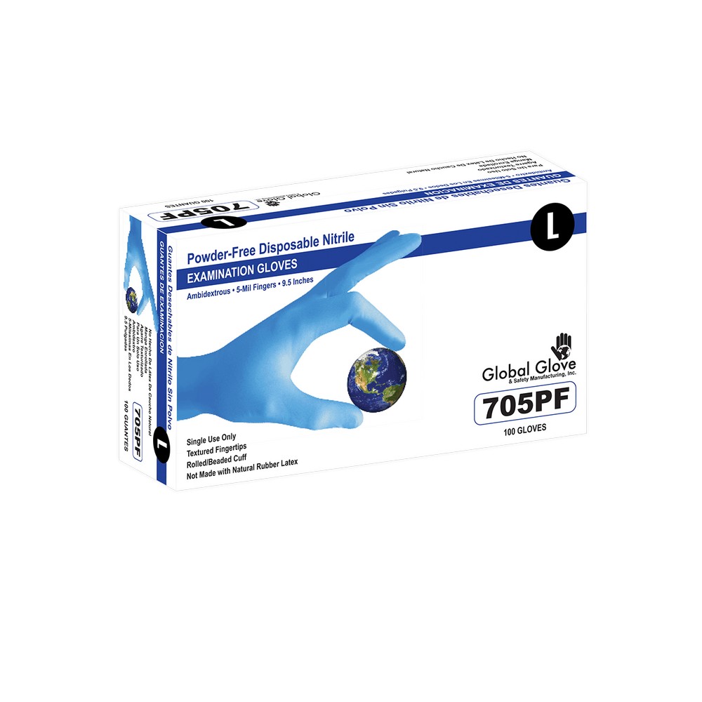 Global Glove 705PF-XS Nitrile, Powder-Free, Medical-Grade, Blue, 5-Mil, Textured Fingertips, 9.5-Inch Disposable Examination Gloves