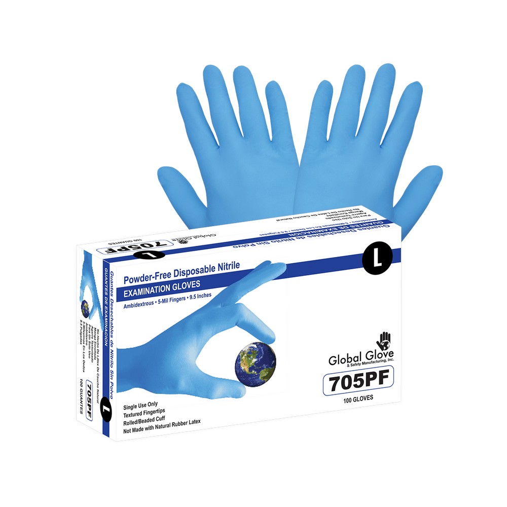 Global Glove 705PF-XS Nitrile, Powder-Free, Medical-Grade, Blue, 5-Mil, Textured Fingertips, 9.5-Inch Disposable Examination Gloves