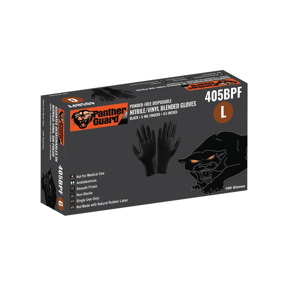 Global Glove 405BPF-S Panther-Guard Industrial-Grade, Powder-Free, Black Nitrile/Vinyl Blended, 5-Mil, Smooth Finish, 9.5-Inch Disposable Gloves