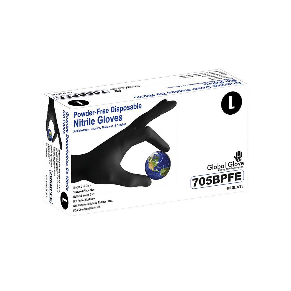Global Glove 705BPFE-S Nitrile, Powder-Free, Industrial-Grade, Black, Lightweight, 3.5-Mil, Textured Fingertips, 9.5-Inch Disposable Gloves