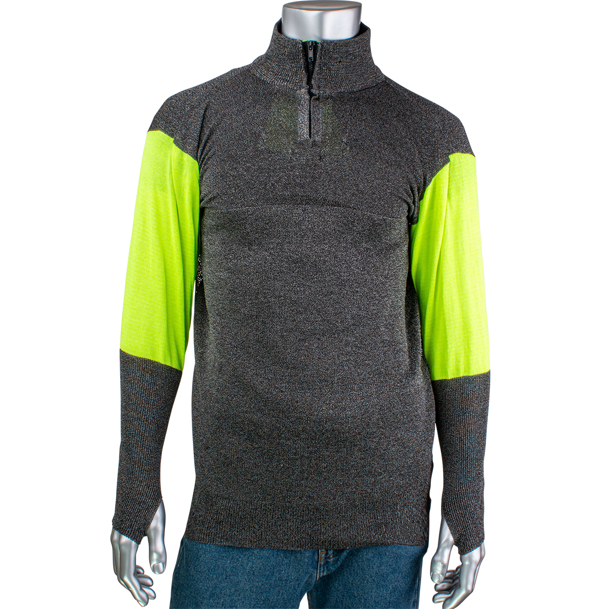 PIP PJG145-3CM-HVB-TH Kut Gard ATA PreventWear Blended Cut Resistant 1/4 Zip Pullover with Hi-Vis Sleeves and Thumb Holes