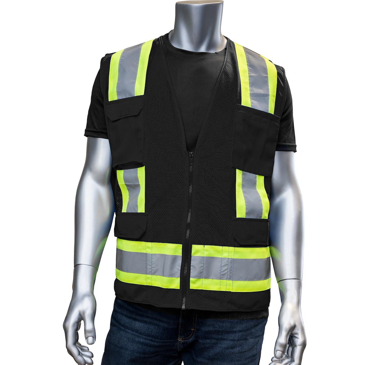 PIP 301-0500M PIP ANSI Type O Class 1 Two-Tone Eleven Pocket Mesh Surveyors Vest, Black