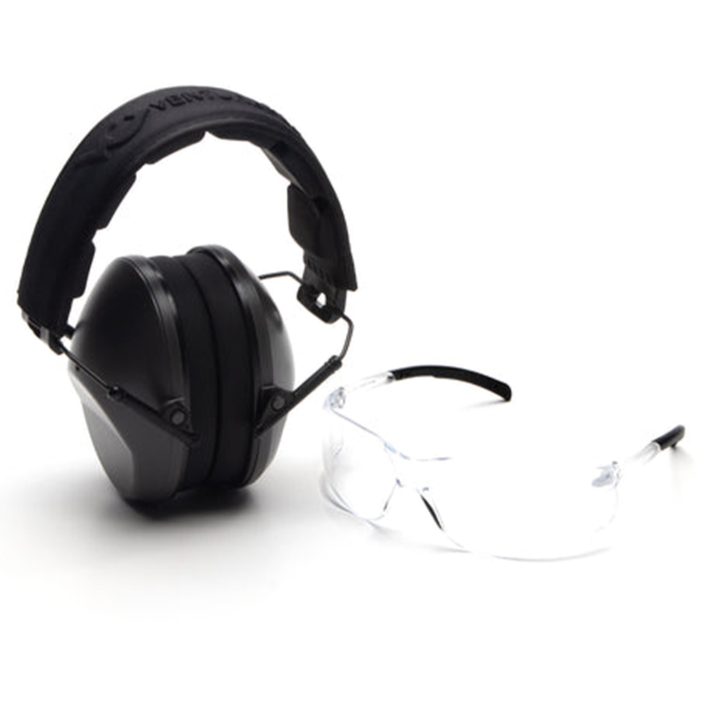 Pyramex Safety VGCOMBO110 Venture Gear Low Profile Earmuff/Glasses Combo, Gray/Clear