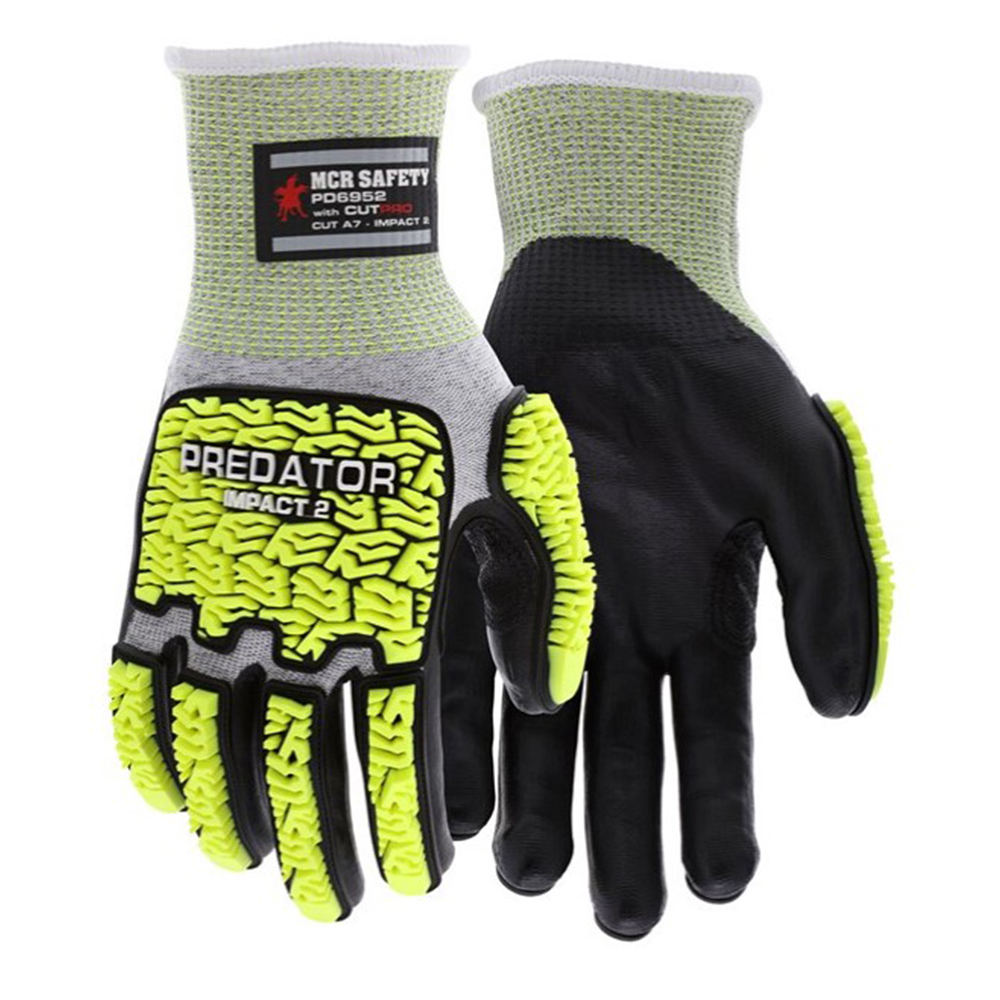 MCR Safety PD6952 Predator Mechanics Work Gloves Hi-Visibility Impact Resistant Bi-Polymer Coated ANSI A7 Work Gloves