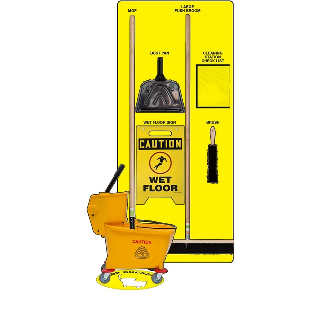 AccuformNMC PSB722YLWT Clean & Mop Store-Boards Combo Kit Shadow Boards Ultra Aluma-Lite Yellow White Combo Kit