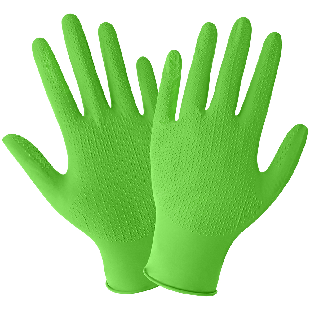 Global Glove 945PF Panther-Guard Biodegradable Hi-Vis Green Nitrile, Powder-Free, Industrial-Grade, Raised Diamond Pattern, 6-Mil, 9.5-Inch Disposable Gloves