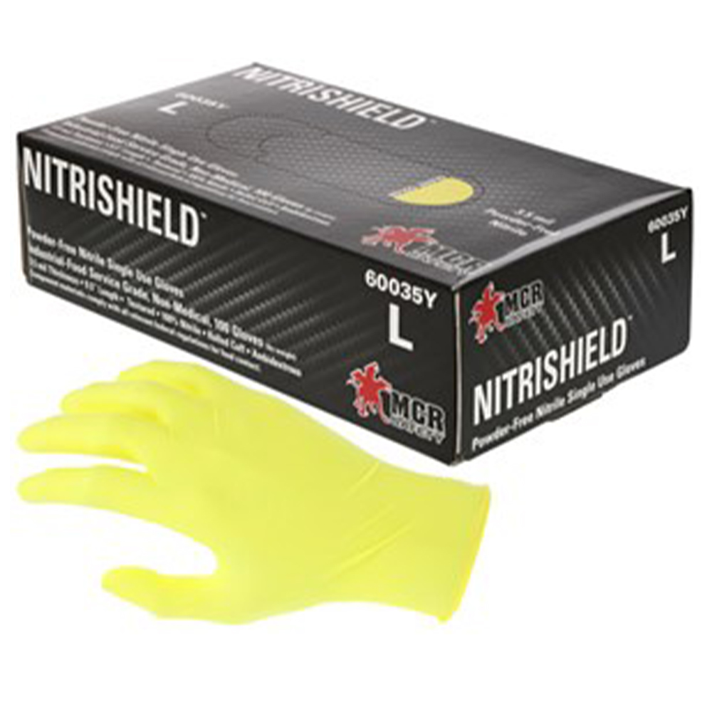 MCR Safety 60035Y 3.5 mil NitriShield Gloves Powder Free Disposable Nitrile Industrial Food Service Grade Textured Finish 9.5 Inches Yellow