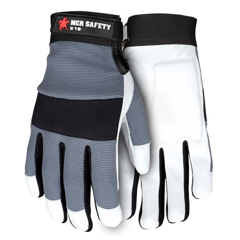 MCR Safety 919 Mechanics Gloves Goatskin leather padded palm Nylon Spandex Back Adjustable Wrist Closure