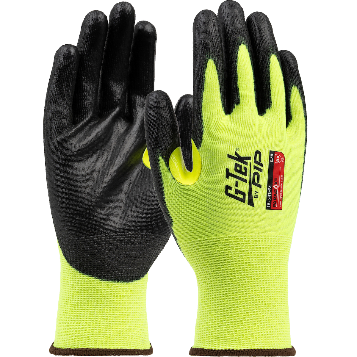 PIP 16-541HV G-Tek Paradox Hi-Viz Yellow Seamless Knit PolyKor Blended Glove, Polyurethane Coated Grip, Reinforced Thumb Crotch 21 G, A4