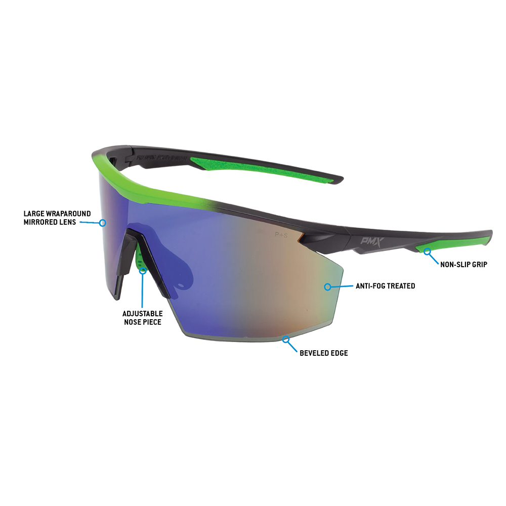Pyramex SBL11257ST PMXSPEC Half Frame Safety Glasses - Matte Black/Green Frame, Green Mirror Lens, Anti-fog