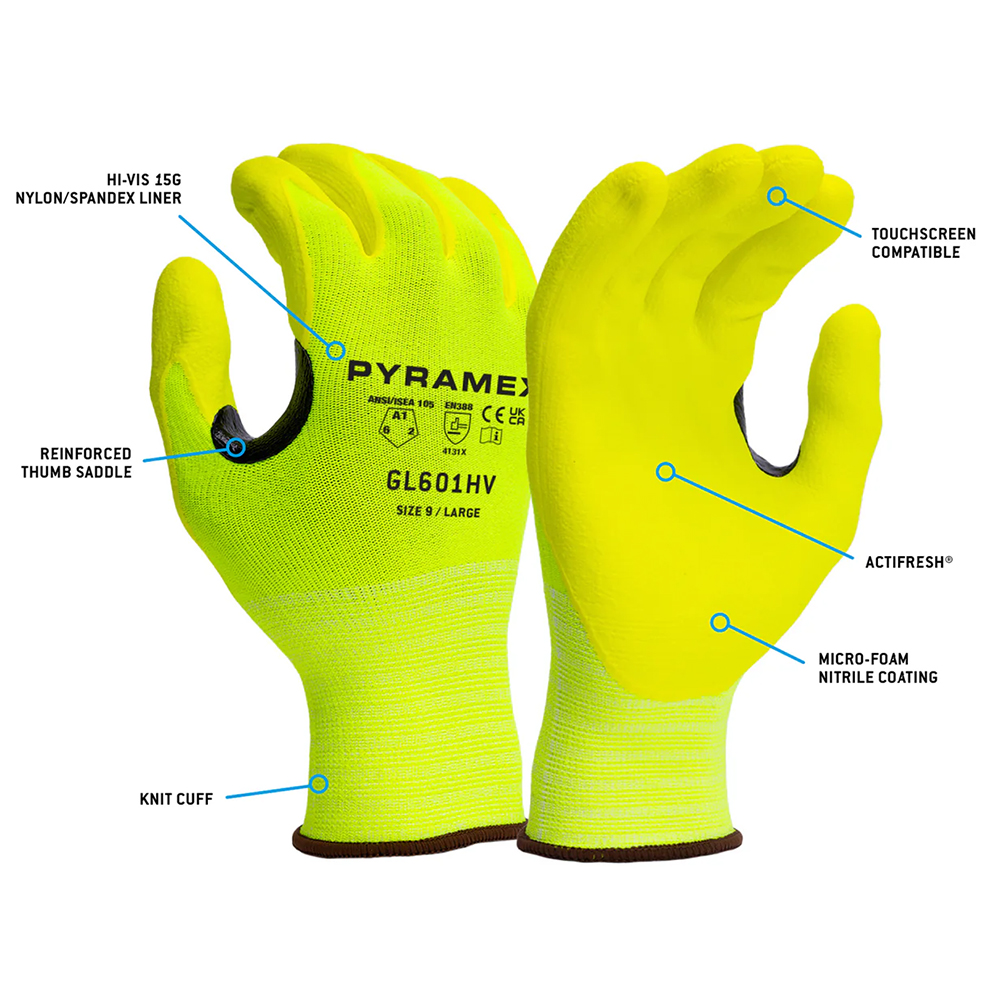 Pyramex Safety GL601HV 15G Micro-Foam Nitrile Coated Gloves