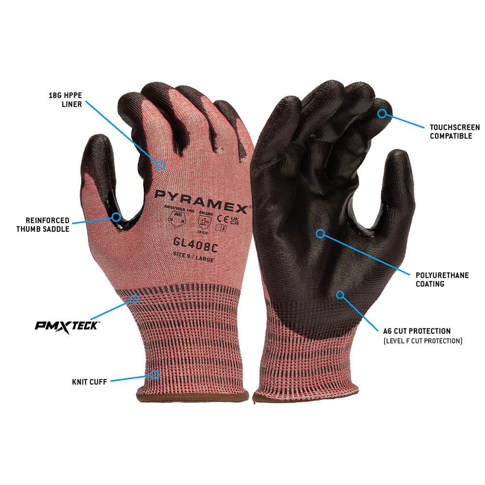 Pyramex Safety GL408C Polyurethane 18 Gauge HPPE A6 Cut Resistant Glove