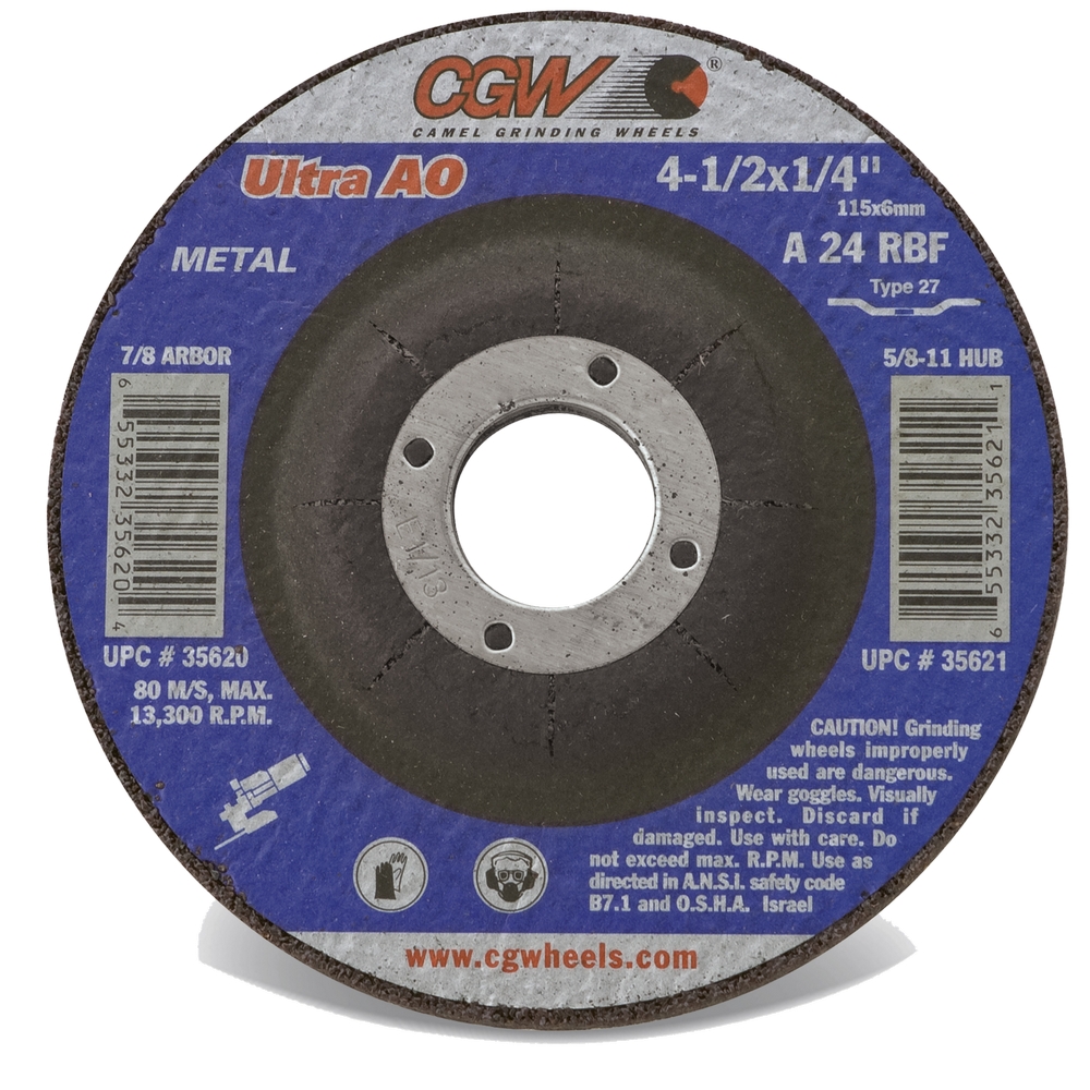 CGW 35621 4-1/2" X 1/4" X 5/8"-11 A24-R Type 27 24-Grit Ultra Aluminum Oxide Grinding Wheel