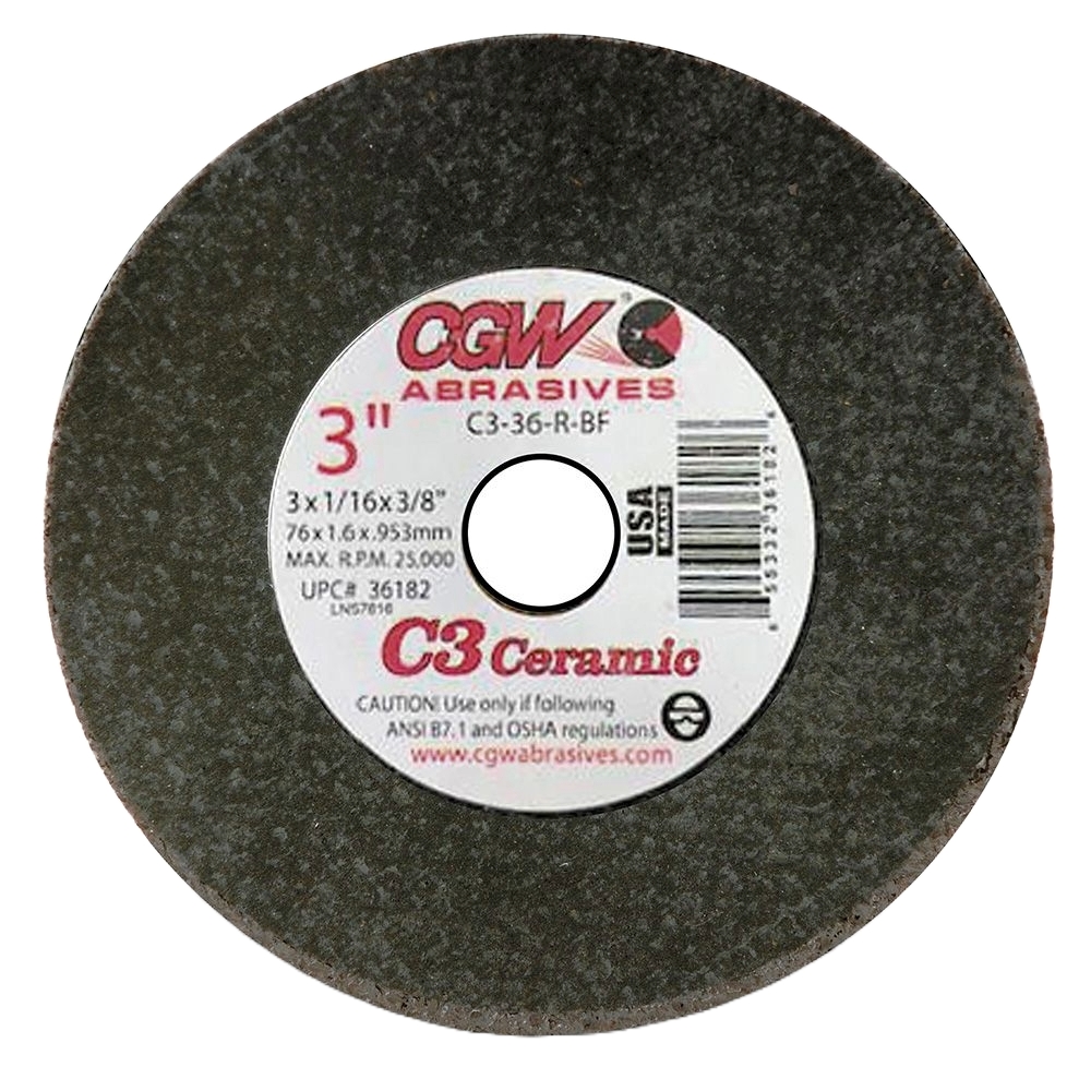 CGW 36182 3" x 1/16" x 3/8" Type 1 36-Grit Ceramic Cutting Wheel