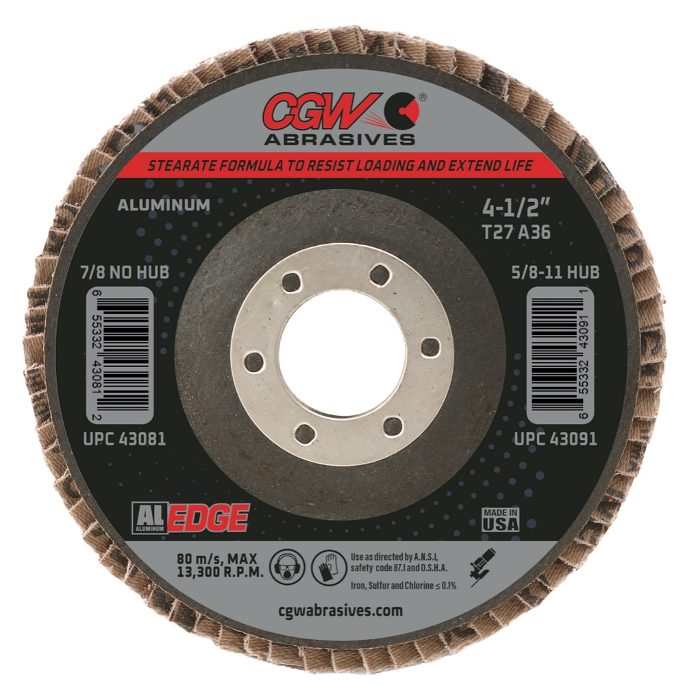 CGW 43094 4-1/2" X 5/8"-11 Type 27 60-Grit Calcium Stearate Coated Flap Disc For Aluminum