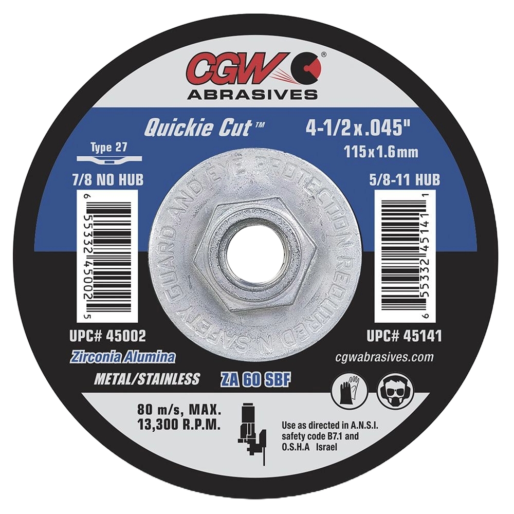 CGW 45142 5" X .045" X 5/8"-11 Type 27 60-Grit Zirconia Cutting Wheel