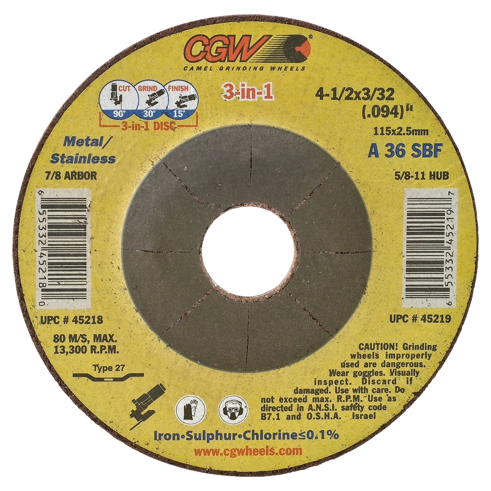 CGW 45220 5" X .094" X 7/8" Type 27 36-Grit Aluminum Oxide 3-IN-1 Cut/Grind/Finish Wheel