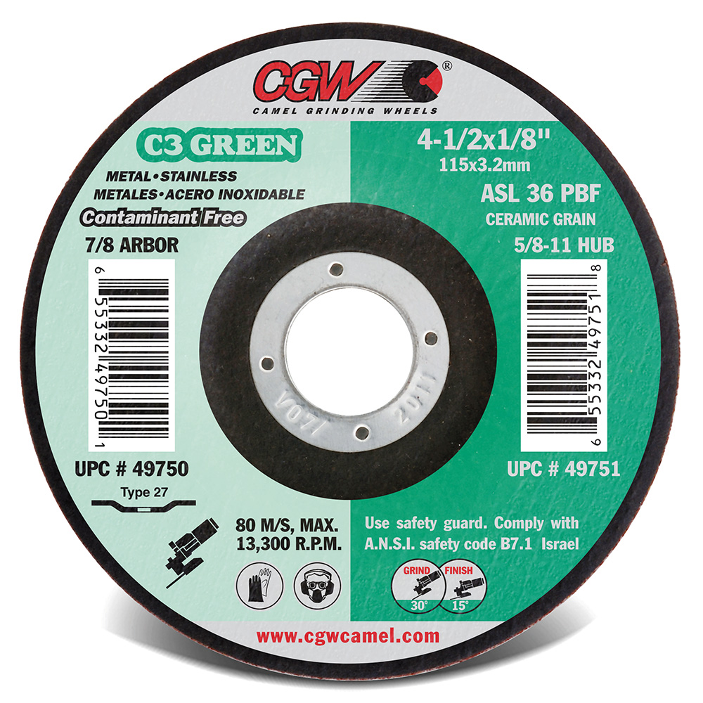 CGW 49750 4-1/2" X 1/8" X 7/8" ASL36-P Type 27 24-Grit Ceramic Green Wheel