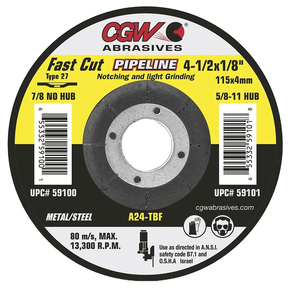CGW 59100 4-1/2" X 1/8" X 7/8" A24-T Type 27 24-Grit Aluminum Oxide Fast Cut Pipeline Wheel