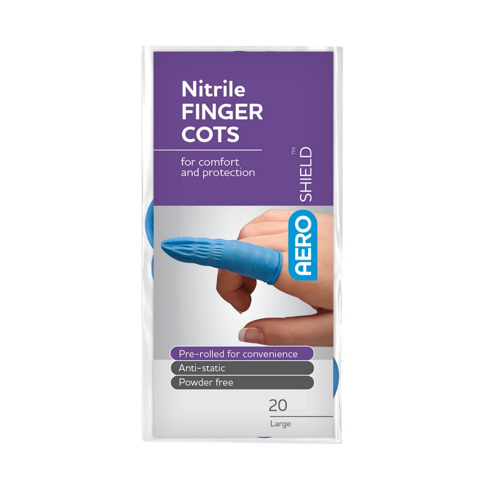 Aero Healthcare ASN20-L AEROSHIELD Nitrile Finger Cots Blue Large 20/bag