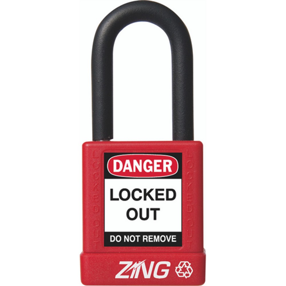 Zing Green 7030 Recyclockout Safety Padlock, 1.5" Shackle, Keyed Different, Red