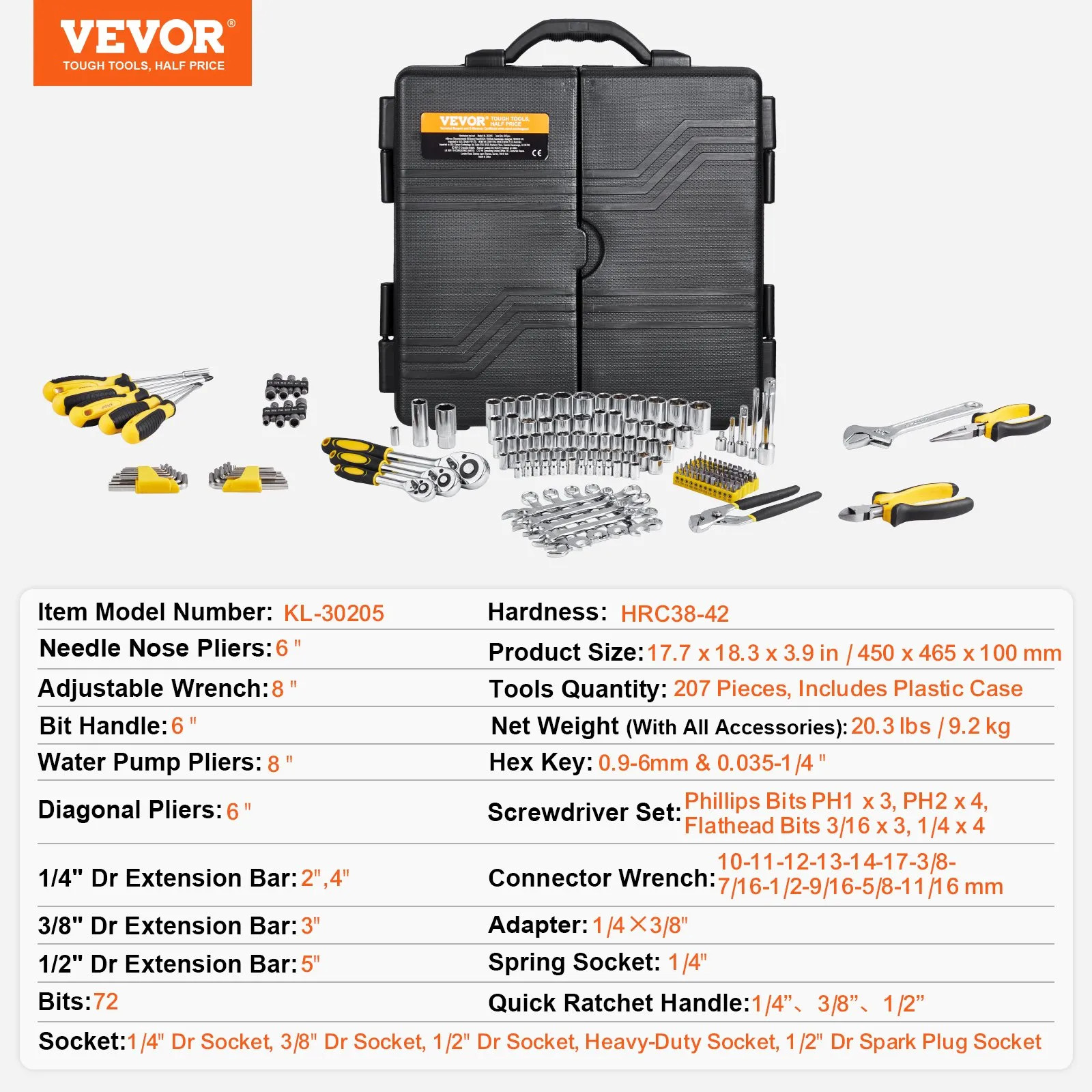 VEVOR - 207-Piece Mechanics Tool Set, 1/4" 3/8" 1/2" Drive Sockets, SAE and Metric Mechanic Tool Kit with Bits, Ratchet Handle 10186184 - Black