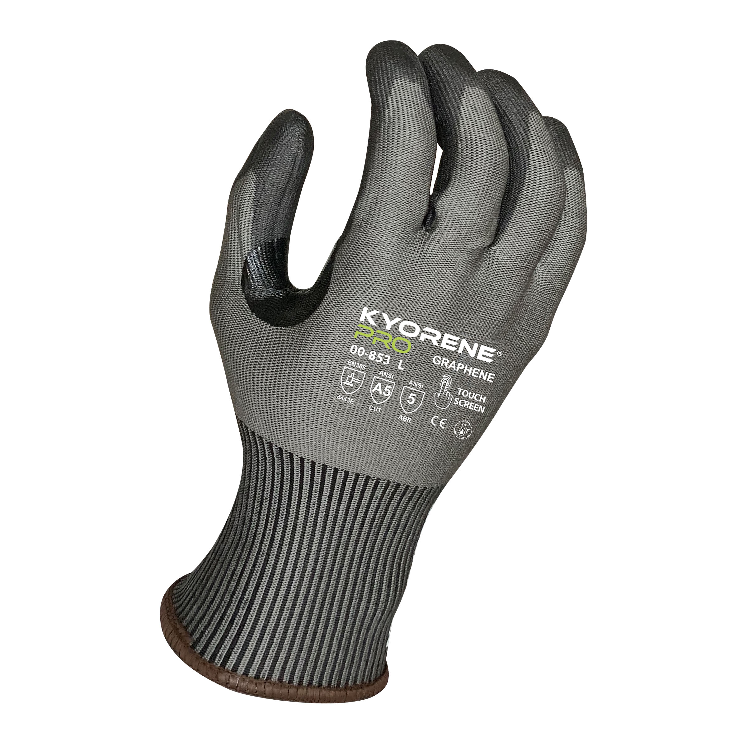Armor Guys 00-853 15g Gray Kyorene Pro Liner With Black PU Palm Coating, Thumbcrotch Reinforcement, Touch Screen,ANSI A5