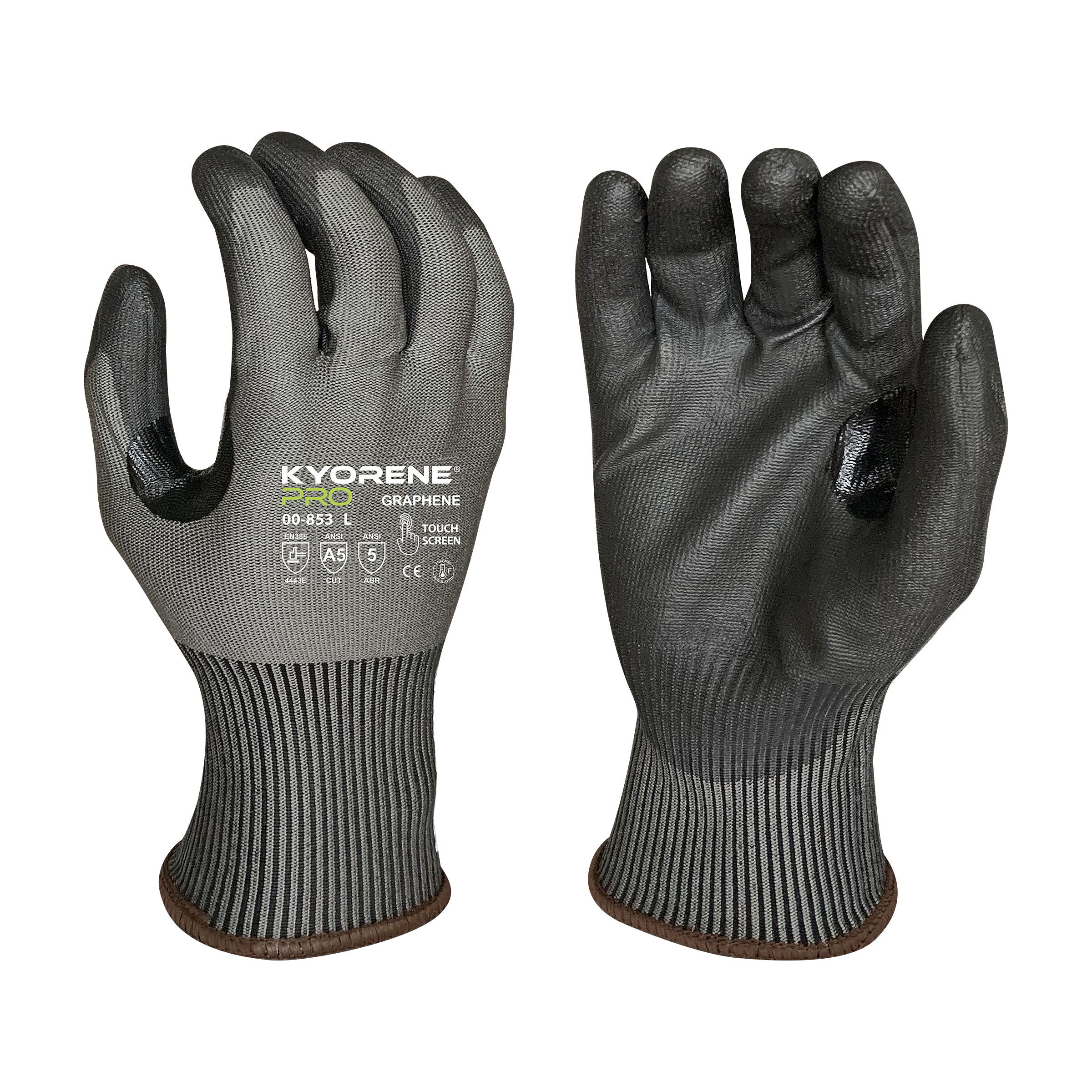 Armor Guys 00-853 15g Gray Kyorene Pro Liner With Black PU Palm Coating, Thumbcrotch Reinforcement, Touch Screen,ANSI A5