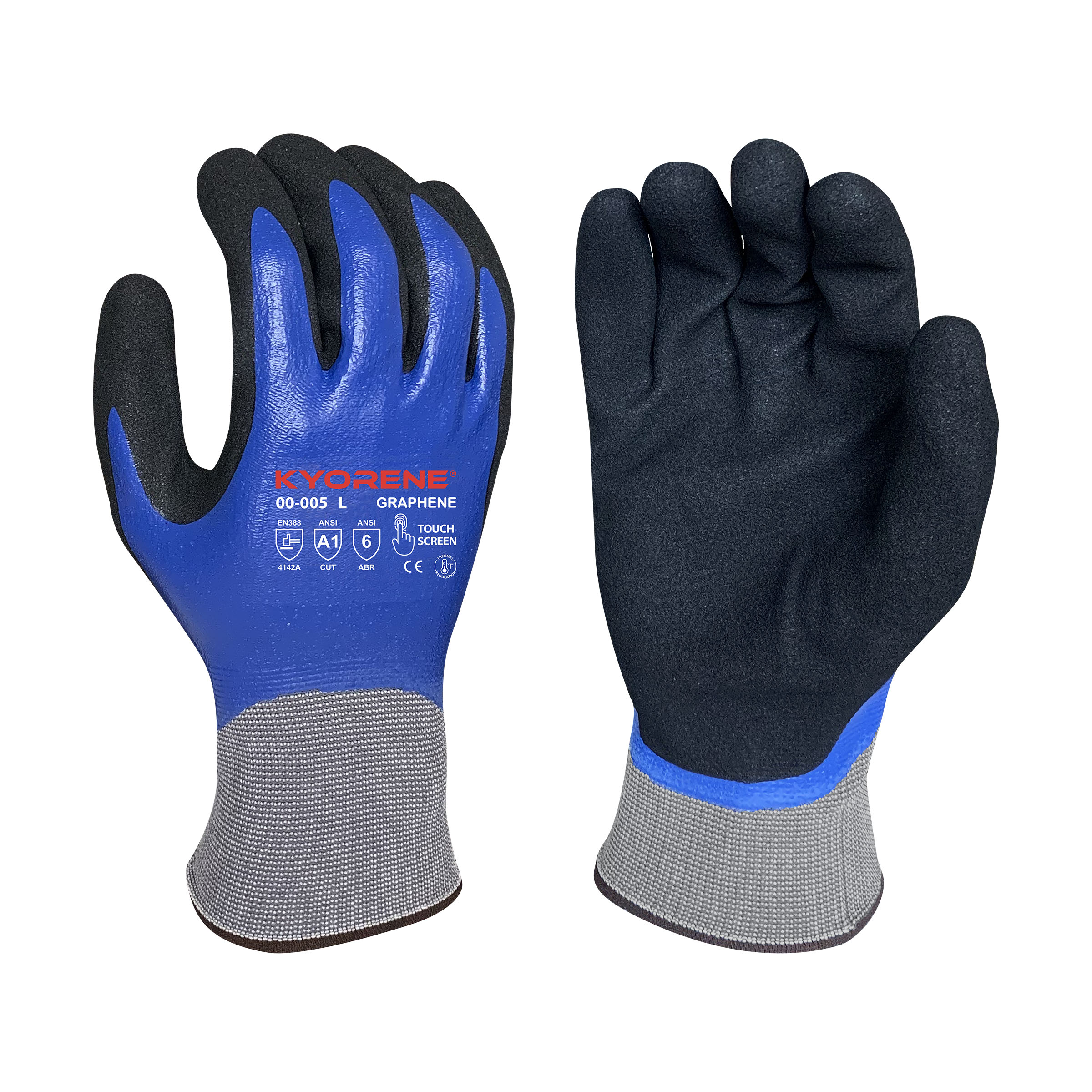 Armor Guys 00-005 15g Gray Kyorene Liner With Blue Nitrile Full Coating And Black HCT Micro Foam Nitrile Palm Coating