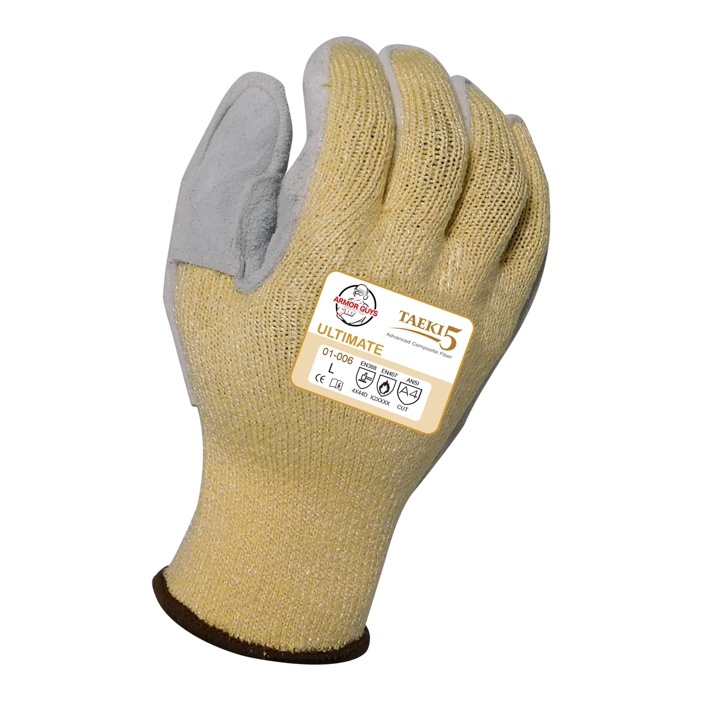 Armor Guys 01-006 10g 100% Yellow Taeki5 Liner With Sewn On Leather Palm, Reinforced Thumb Crotch And Fully Wrapped Leather Thumb, ANSI A4