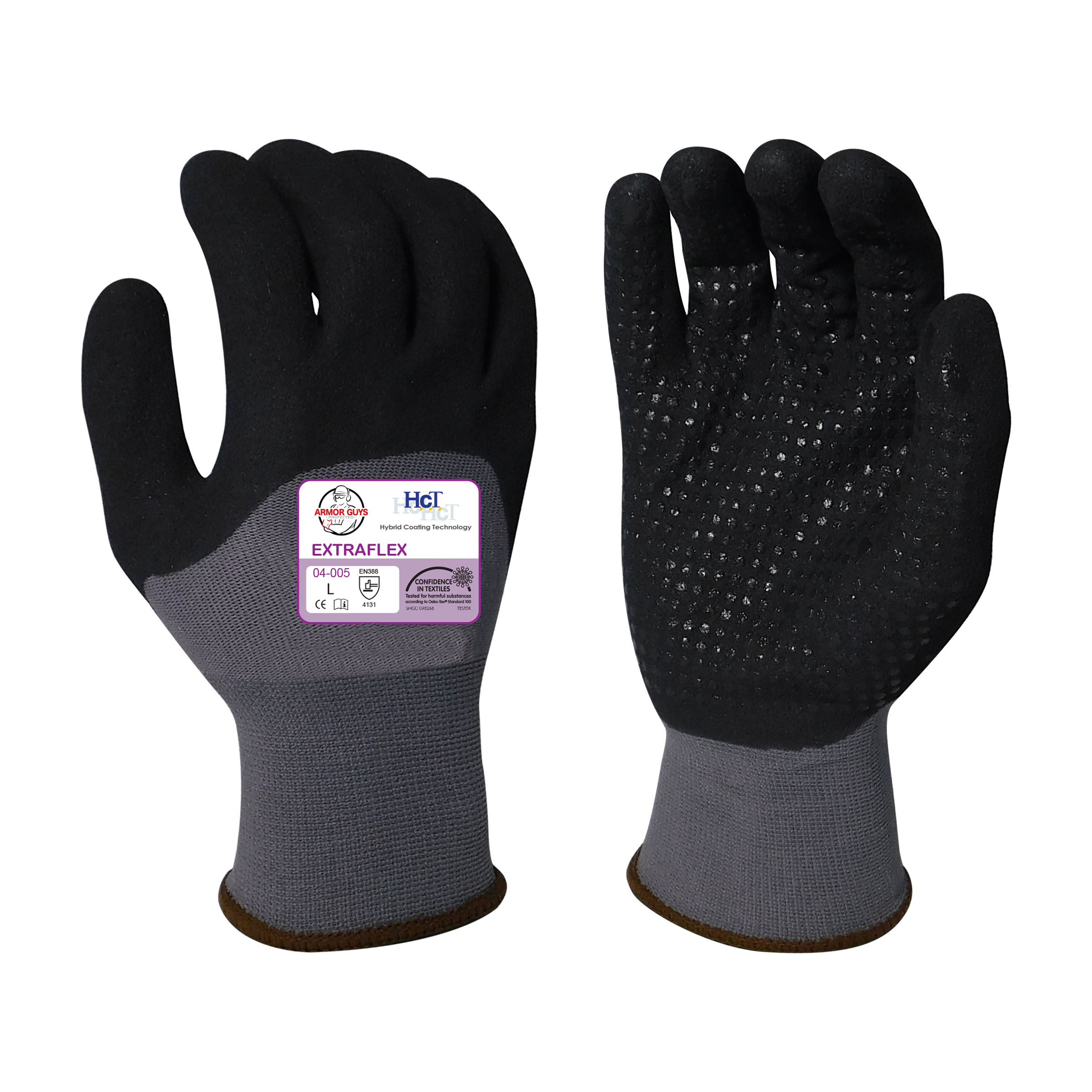 Armor Guys 04-005 15g ExtraFlex Gray Nylon Liner With Black HCT Micro Foam Nitrile Palm And 3/4 Coating With Dots
