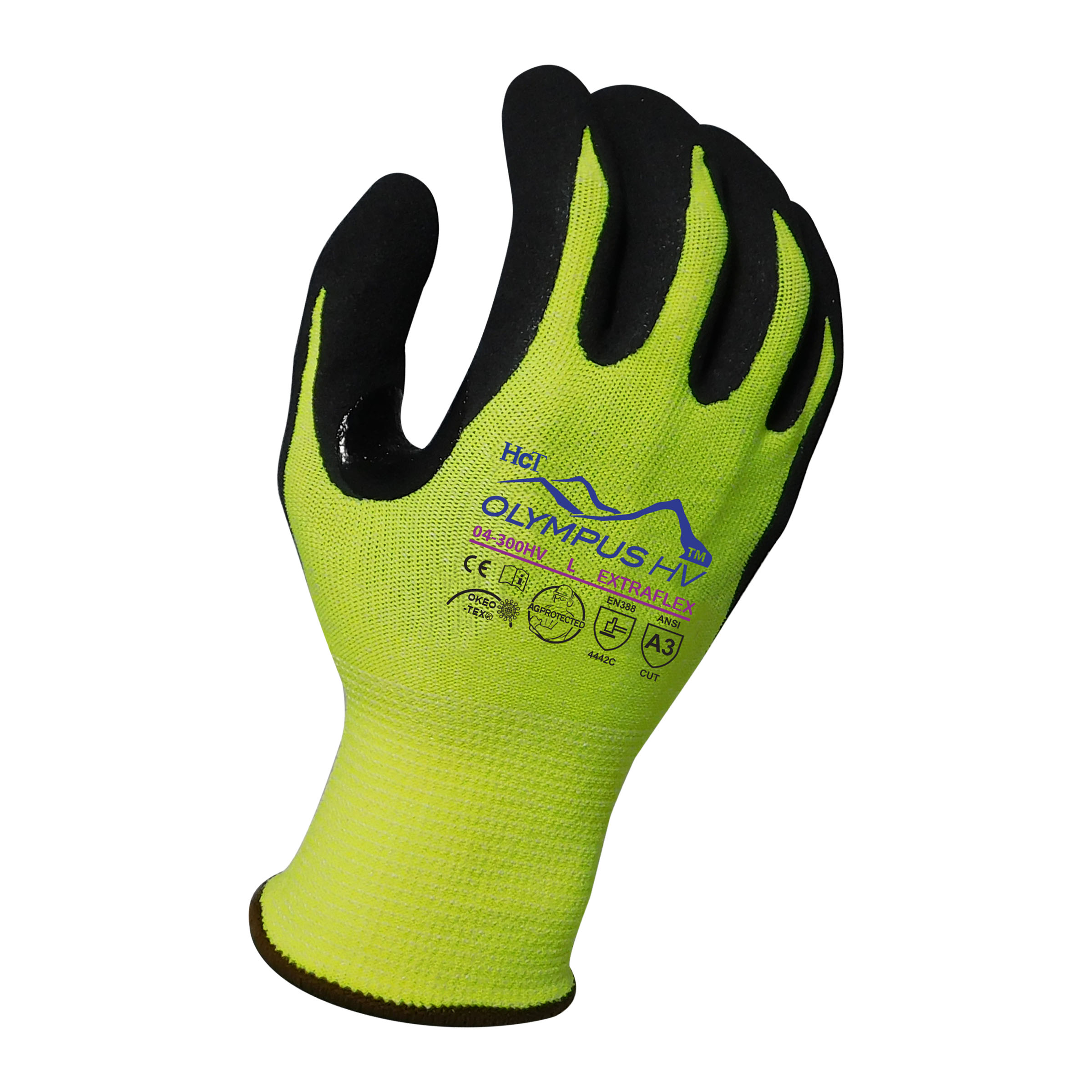 Armor Guys 04-300HV 13g ExtraFlex Cut Resistant Hi-Vis Yellow Engineered Liner With Black HCT Micro Foam Nitrile Palm Coating And Nitrile Reinforced Thumb Crotch, ANSI A3