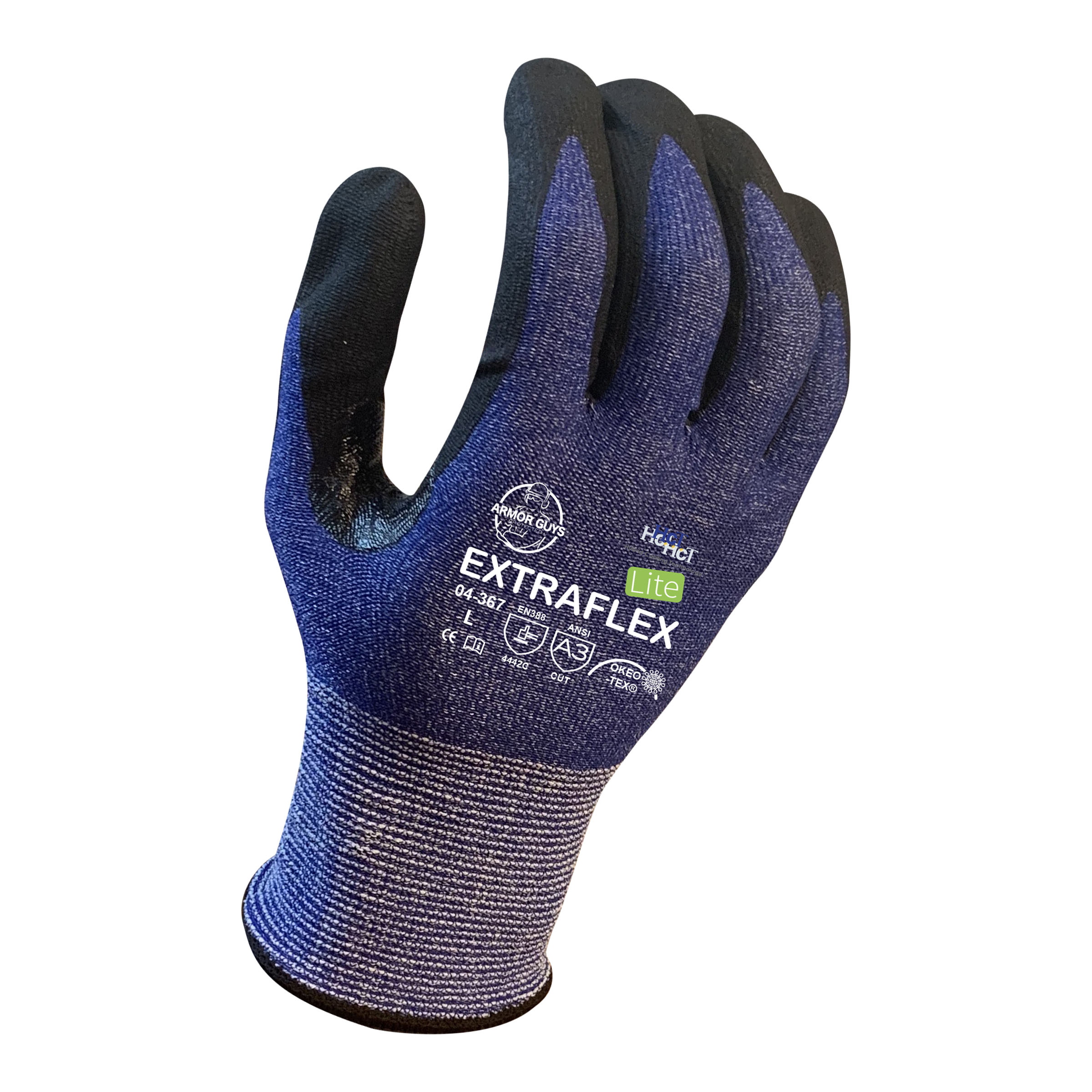 Armor Guys 04-367 13g ExtraFlex Cut Resistant Dark Blue Engineered Liner, HCT Lite Palm Coated With Dots, Nitrile Reinforced Thumb Crotch, ANSI 3