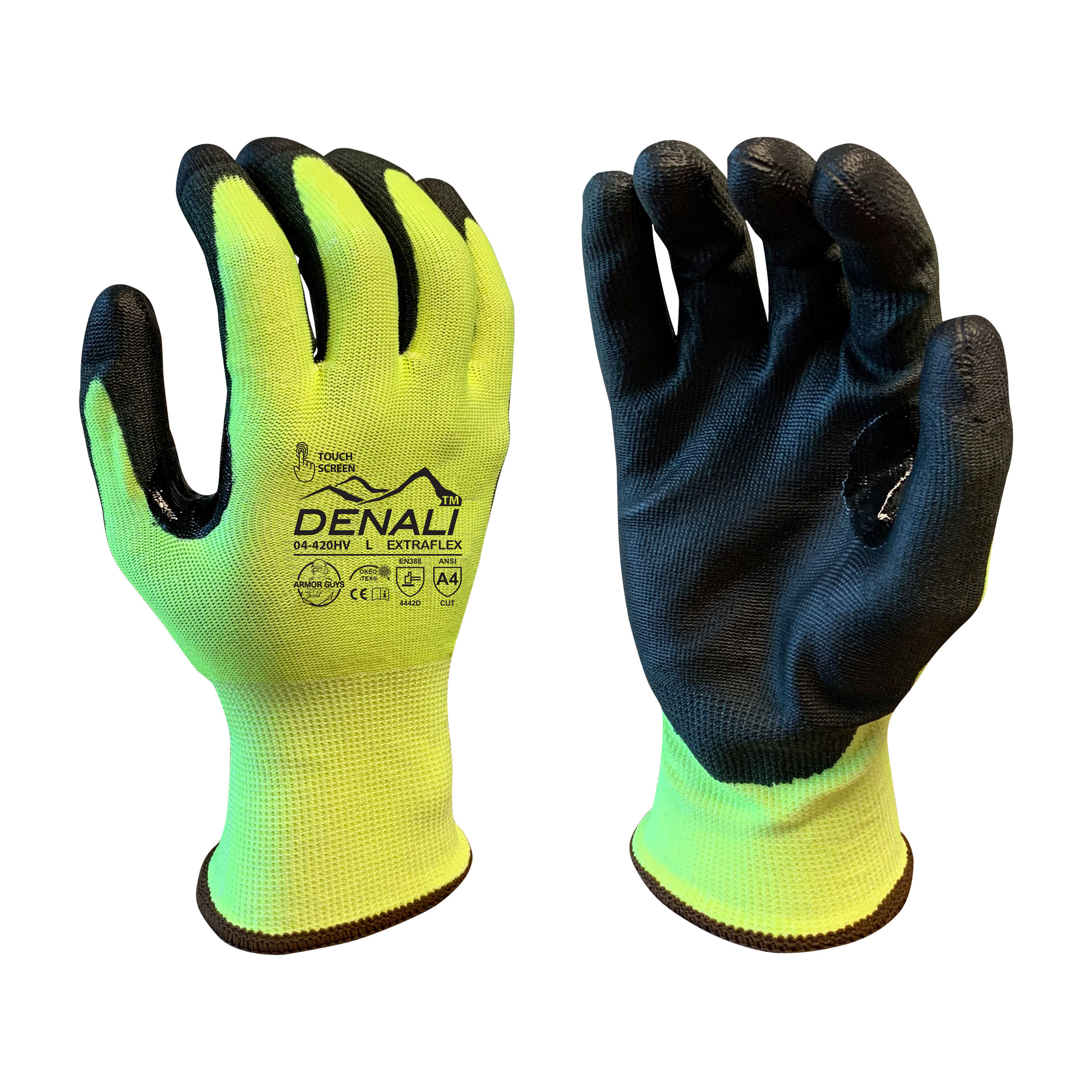 Armor Guys 04-420HV 15g ExtraFlex Cut Resistant Hi-Vis Engineered Liner, Black PU Palm Coated, Nitrile Reinforced Thumb Crotch, Touchscreen, ANSI 4