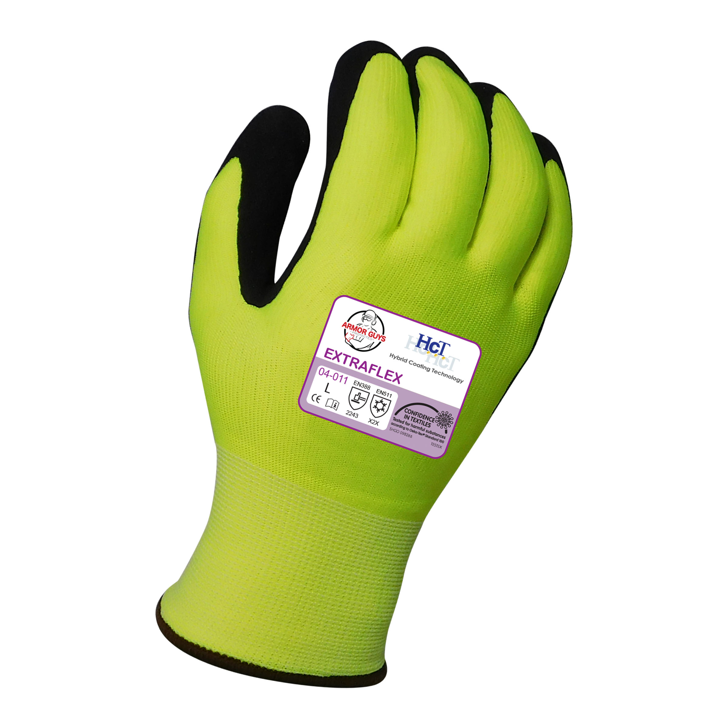 Armor Guys 04-011 13g ExtraFlex Hi-Vis Yellow Nylon Liner With 7g Poly-Acrylic Lining With Black HCT Micro Foam Latex Palm Coating