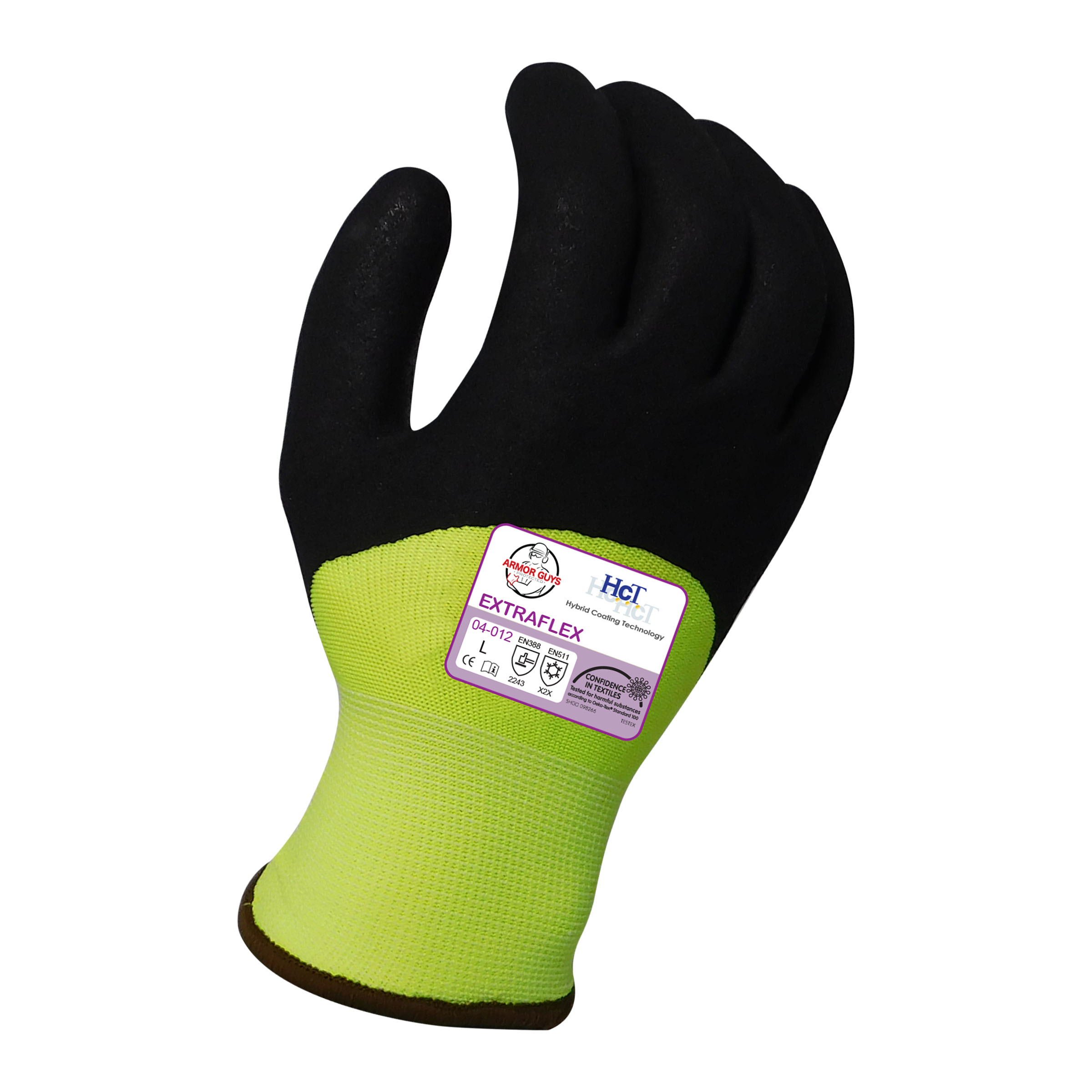 Armor Guys 04-012 13g ExtraFlex Hi-Vis Yellow Nylon Liner With 7g Poly-Acrylic Lining With Black HCT Micro Foam Latex Palm And 3/4 Coating