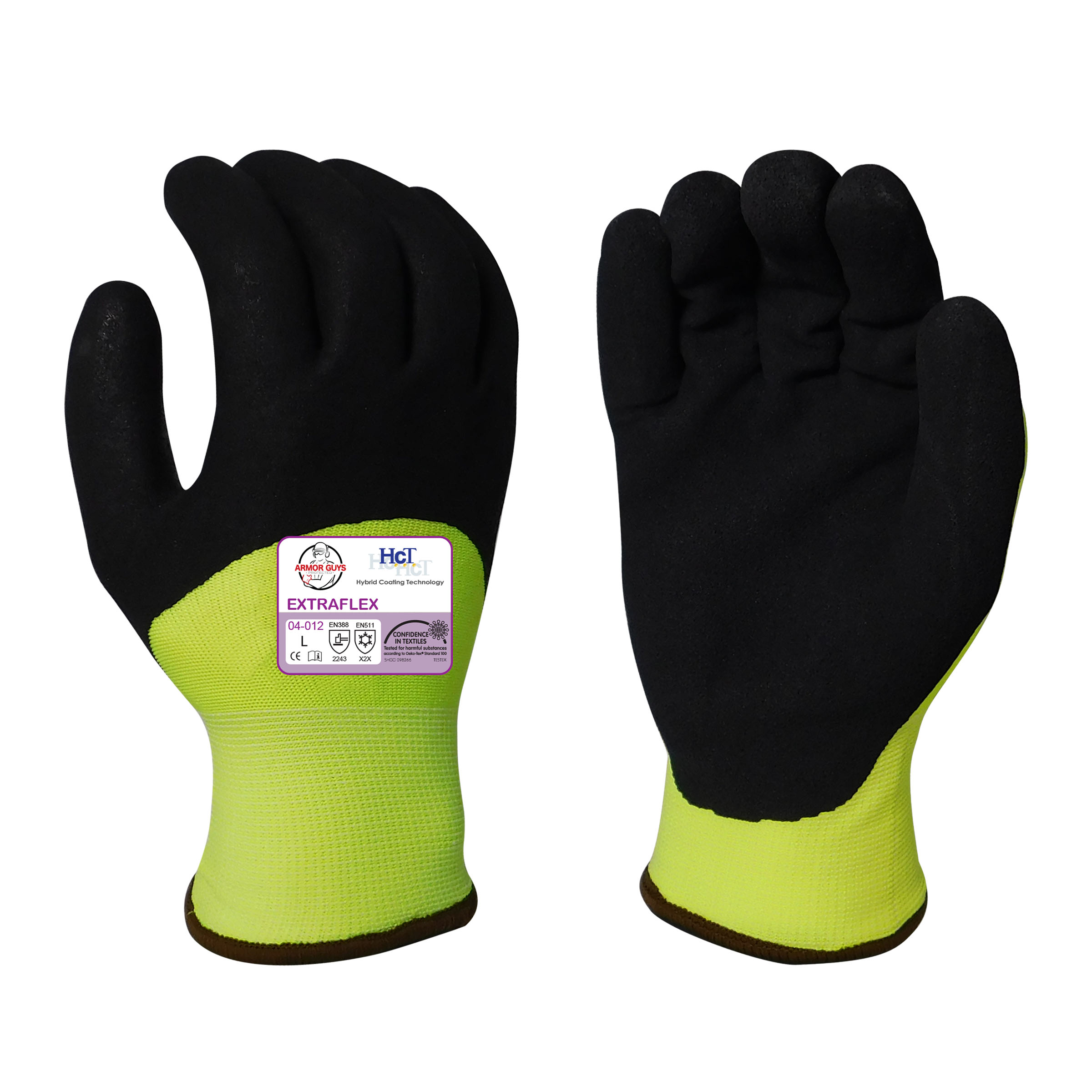 Armor Guys 04-012 13g ExtraFlex Hi-Vis Yellow Nylon Liner With 7g Poly-Acrylic Lining With Black HCT Micro Foam Latex Palm And 3/4 Coating