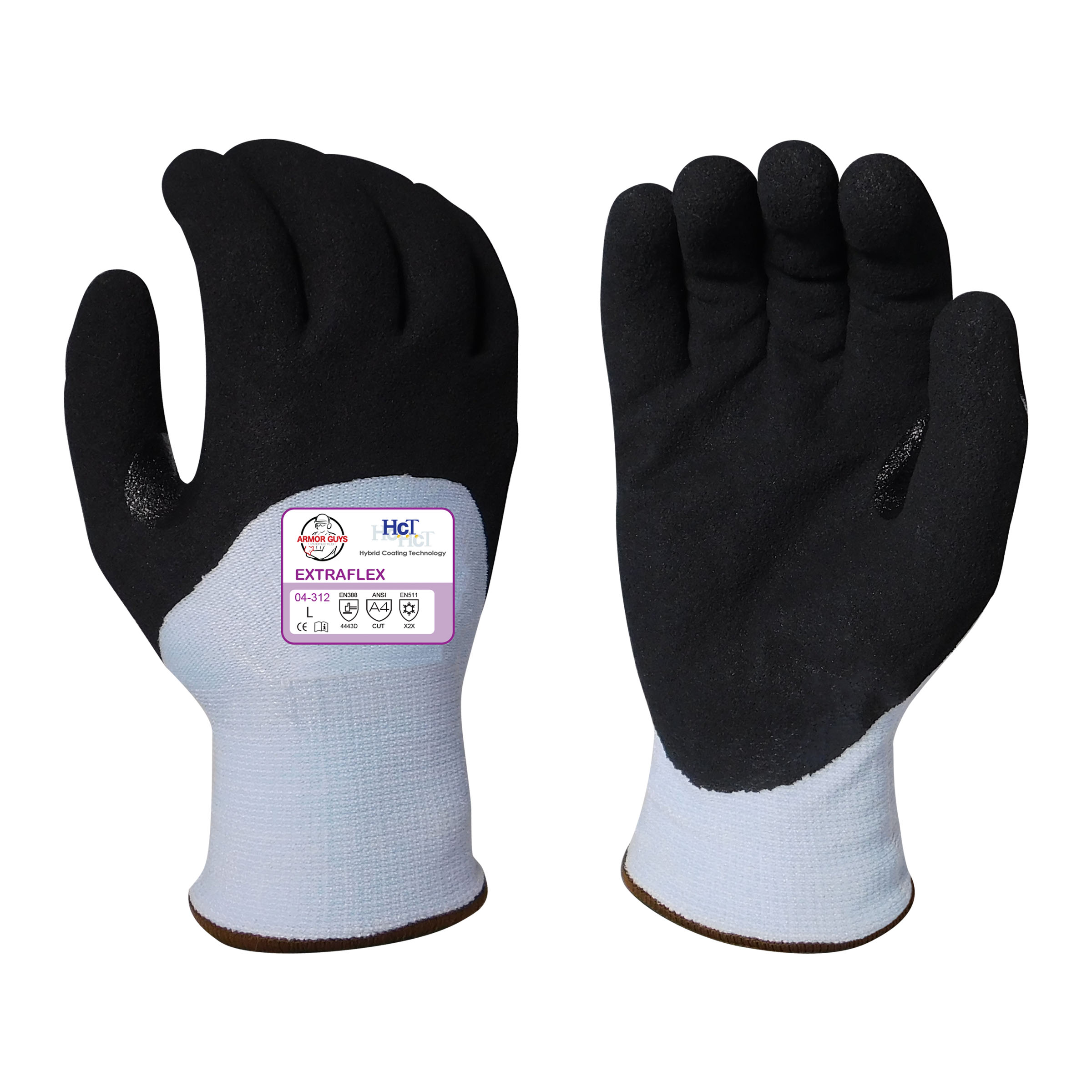 Armor Guys 04-312 13g ExtraFlex Cut Resistant Light Blue Engineered Liner With 7g Poly-Acrylic Lining, Black Nitrile Micro Foam HCT Palm Coating, Nitrile Reinforced Thumb Crotch And 3/4 Fingertip Coating, ANSI A4