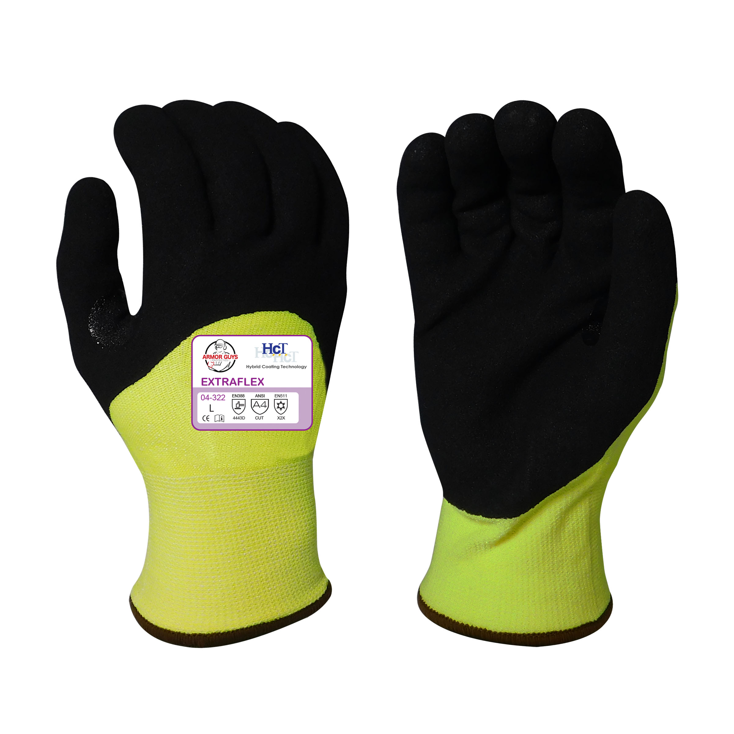 Armor Guys 04-322 13g ExtraFlex Cut Resistant Hi-Vis Yellow Engineered Liner With 7g Poly-Acrylic Lining, Black Nitrile Micro Foam HCT Palm Coating, Nitrile Reinforced Thumb Crotch And 3/4 Fingertip Coating, ANSI A4
