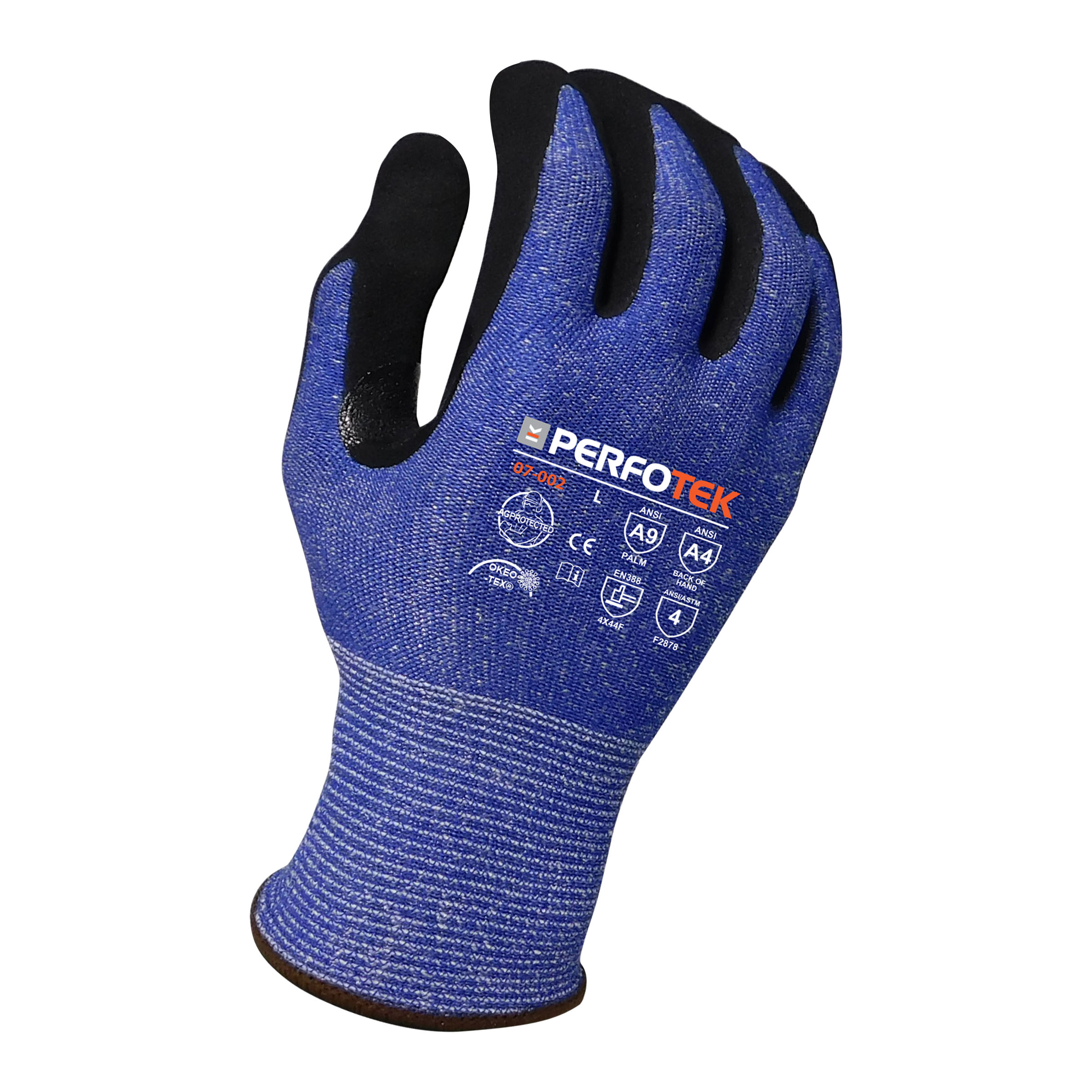 Armor Guys 07-002 13g Dark Blue HDPE Liner With Puncture Resistant Palm and Fingers, Black MicroFoam Nitrile Palm Coating, ANSI A9 Cut Resistance