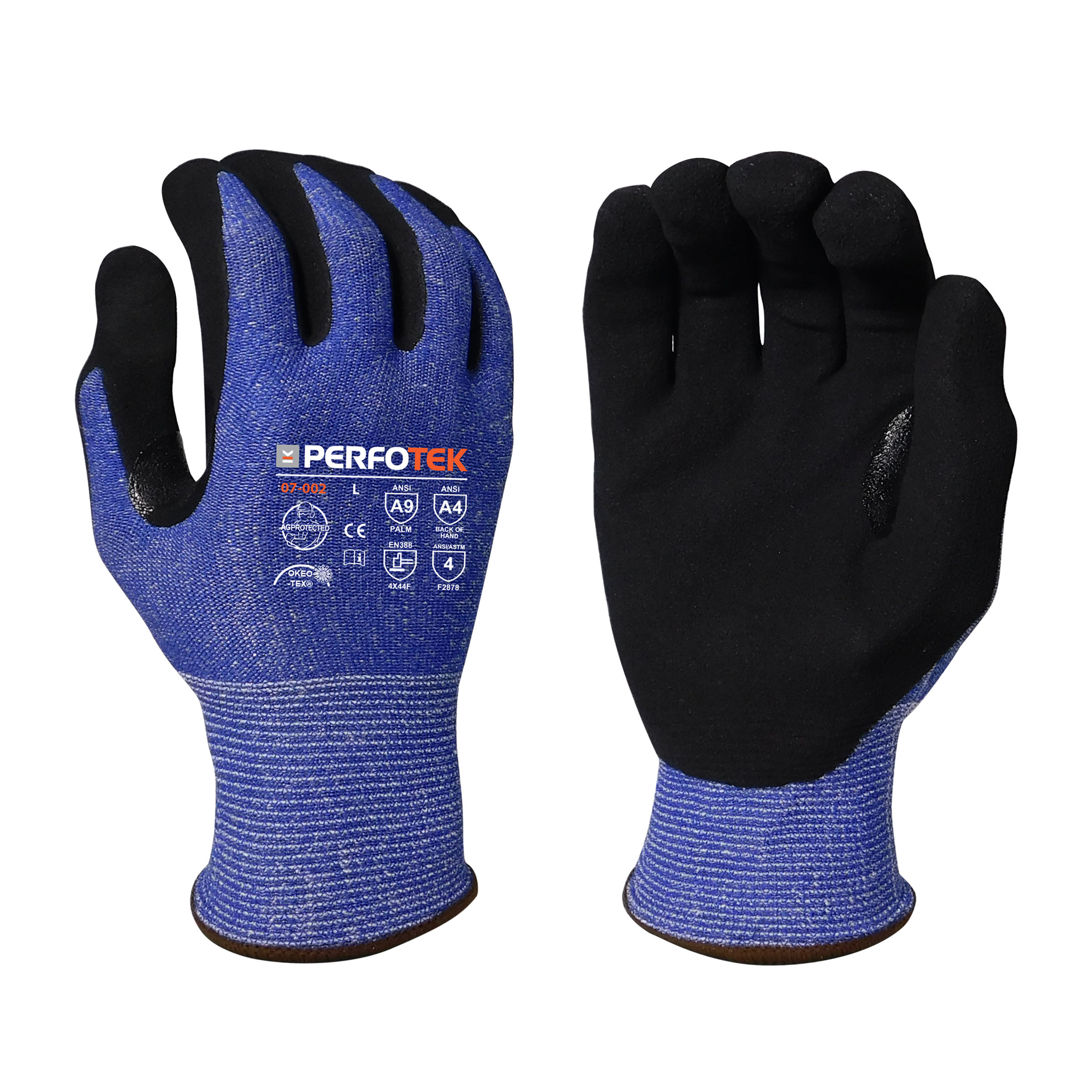 Armor Guys 07-002 13g Dark Blue HDPE Liner With Puncture Resistant Palm and Fingers, Black MicroFoam Nitrile Palm Coating, ANSI A9 Cut Resistance